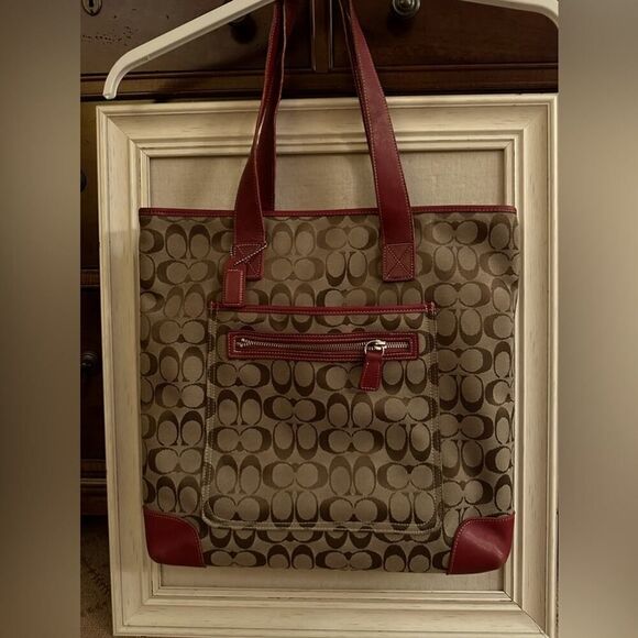 Vintage Coach brown canvas tote w deep red leather details - Picture 2 of 15